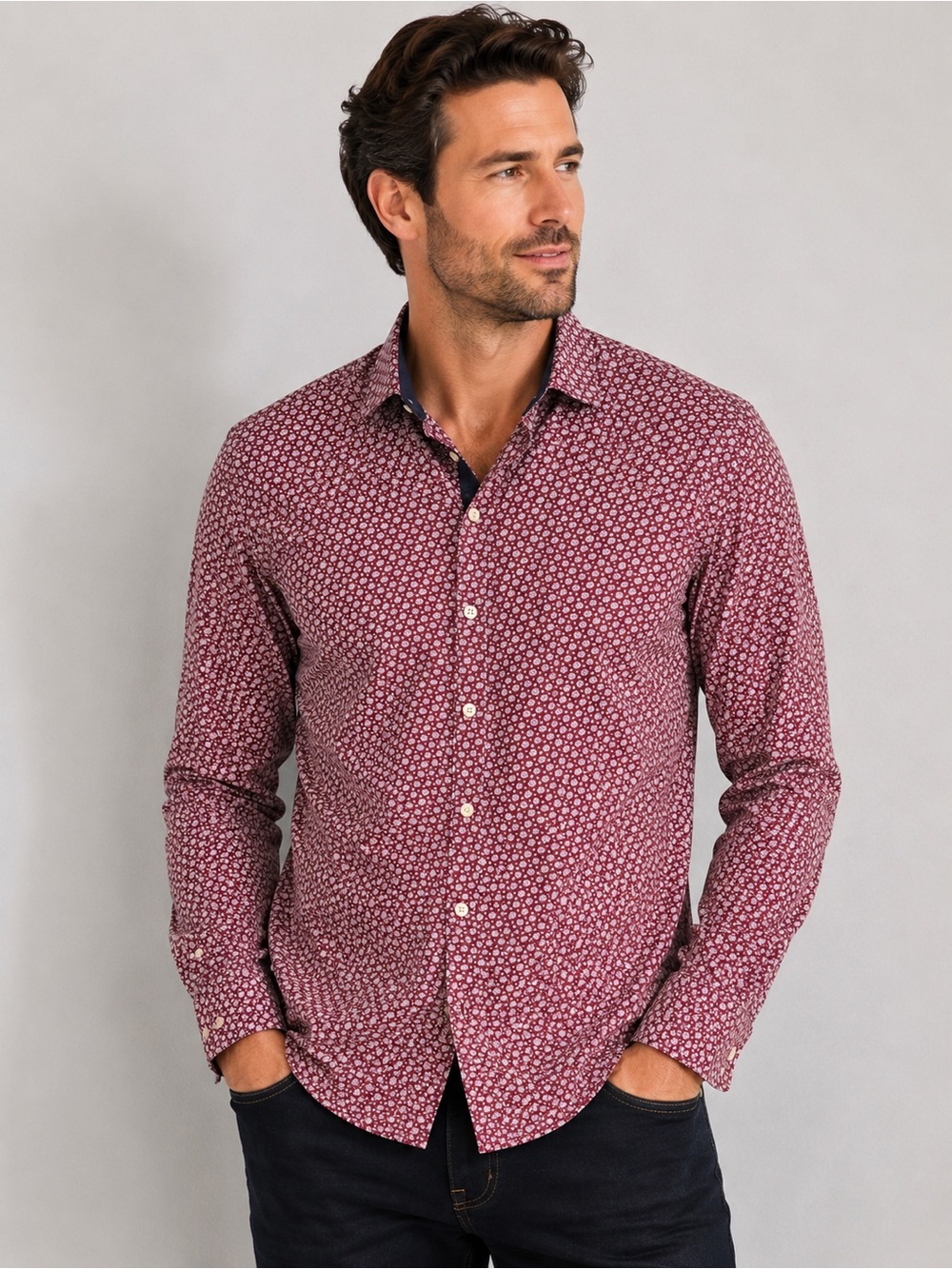 English Laundry Men’s Burgundy Floral Print Button-Up Dress Shirt